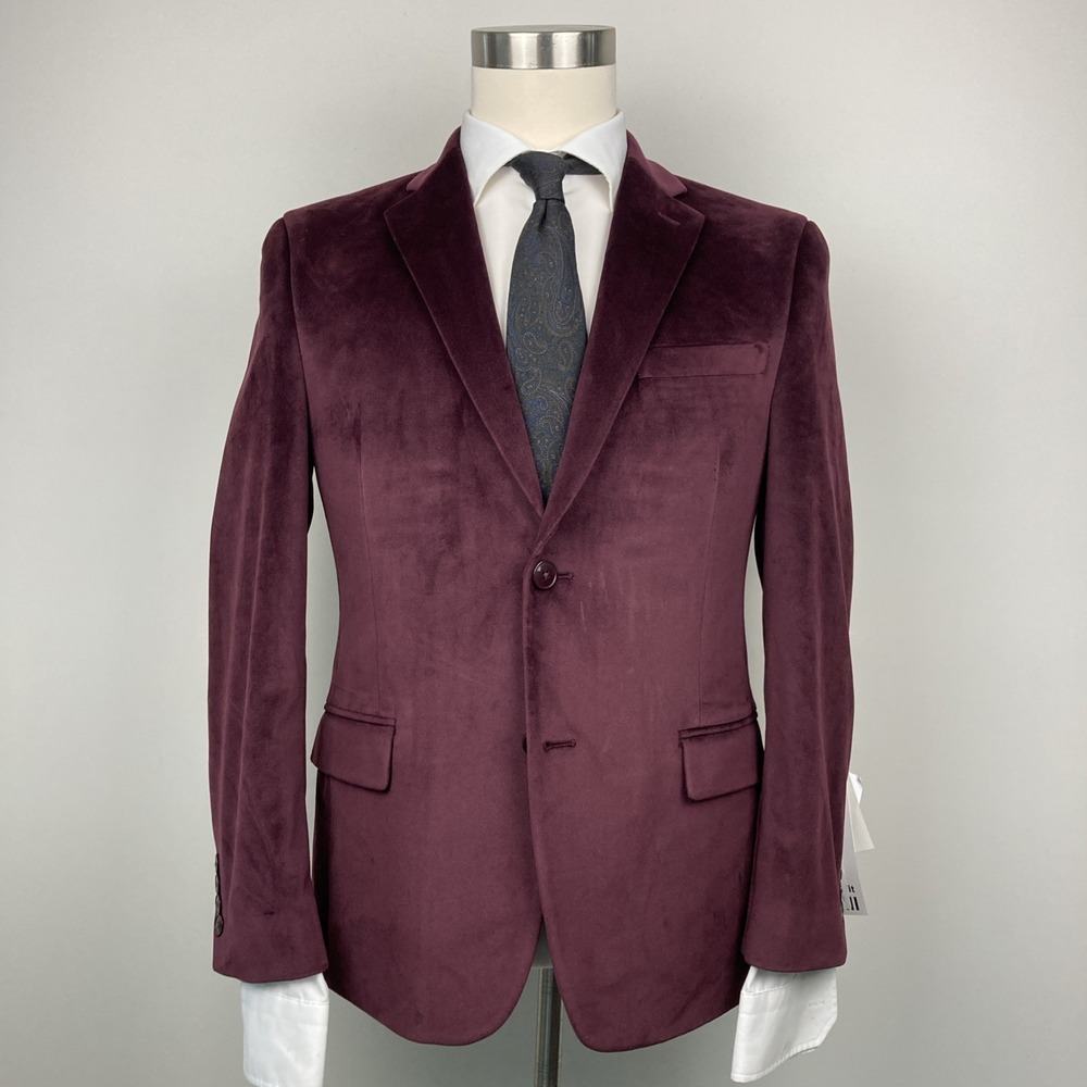 Bar III Mens Sport Coat Velvet‎ Maroon Slim Fit Blazer Jacket Size 38S F01157